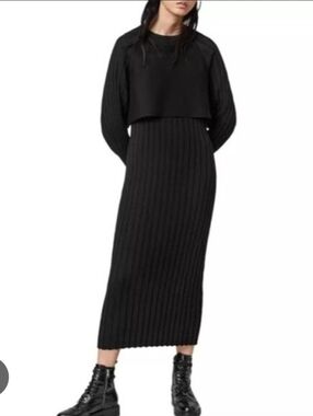 ALL SAINTS Black Margot Wool Blend Crew Neck Knit Midi Dress - Large